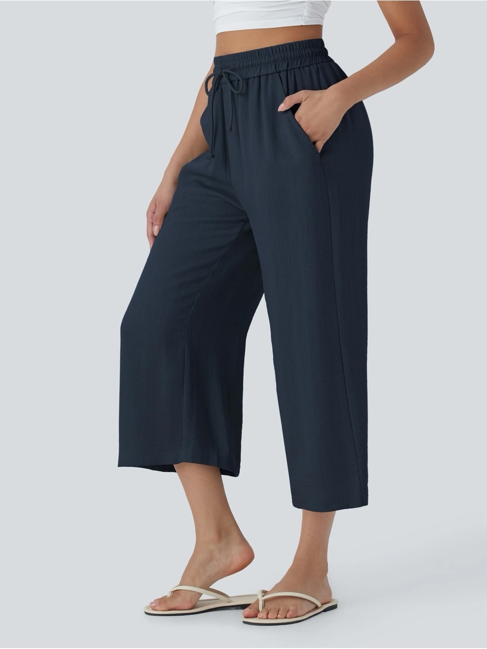 High-Waisted Wide-Leg Drawstring Crop Pants - Navy. New with tags
